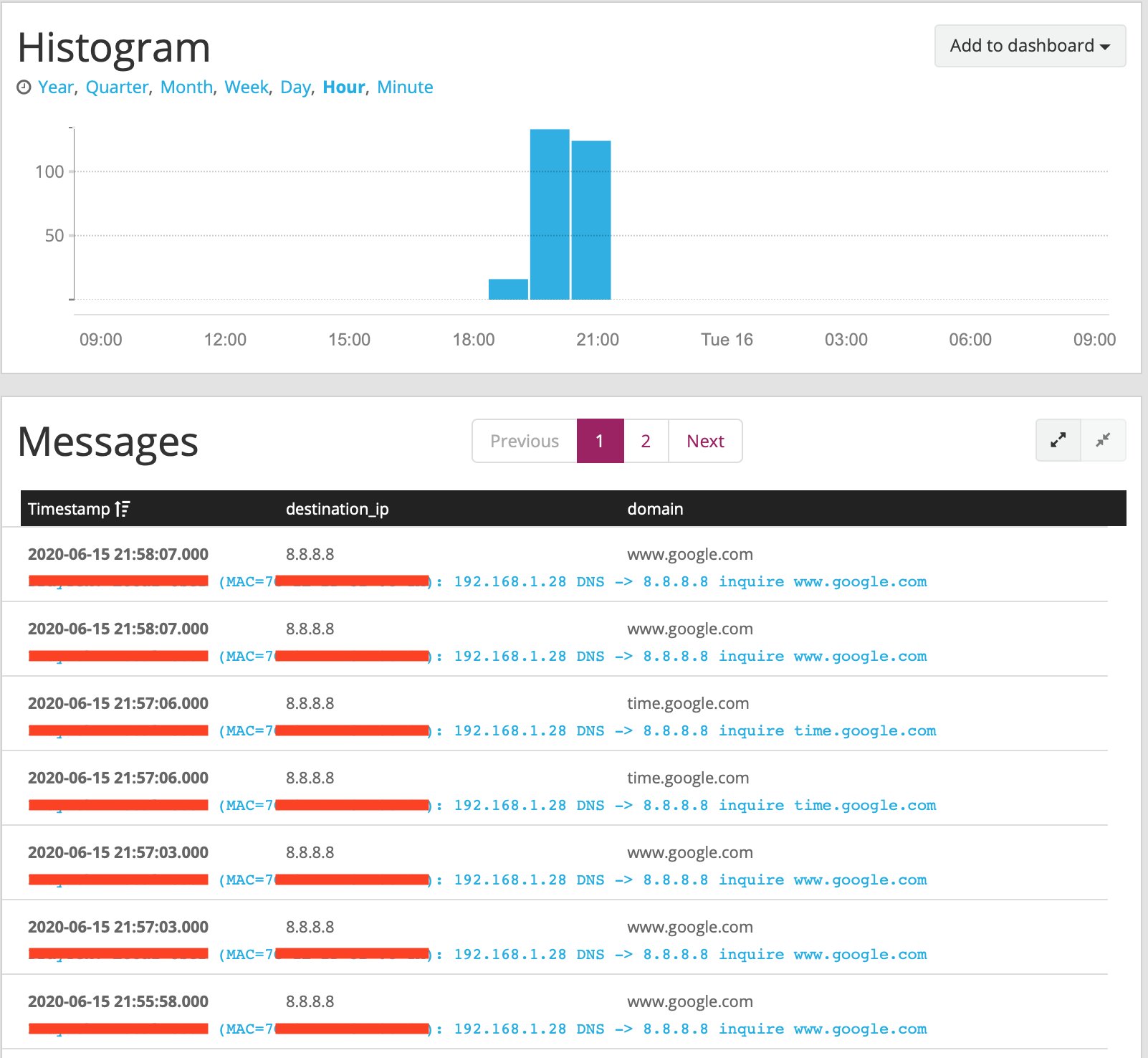 Graylog showing traffic to Google DNS