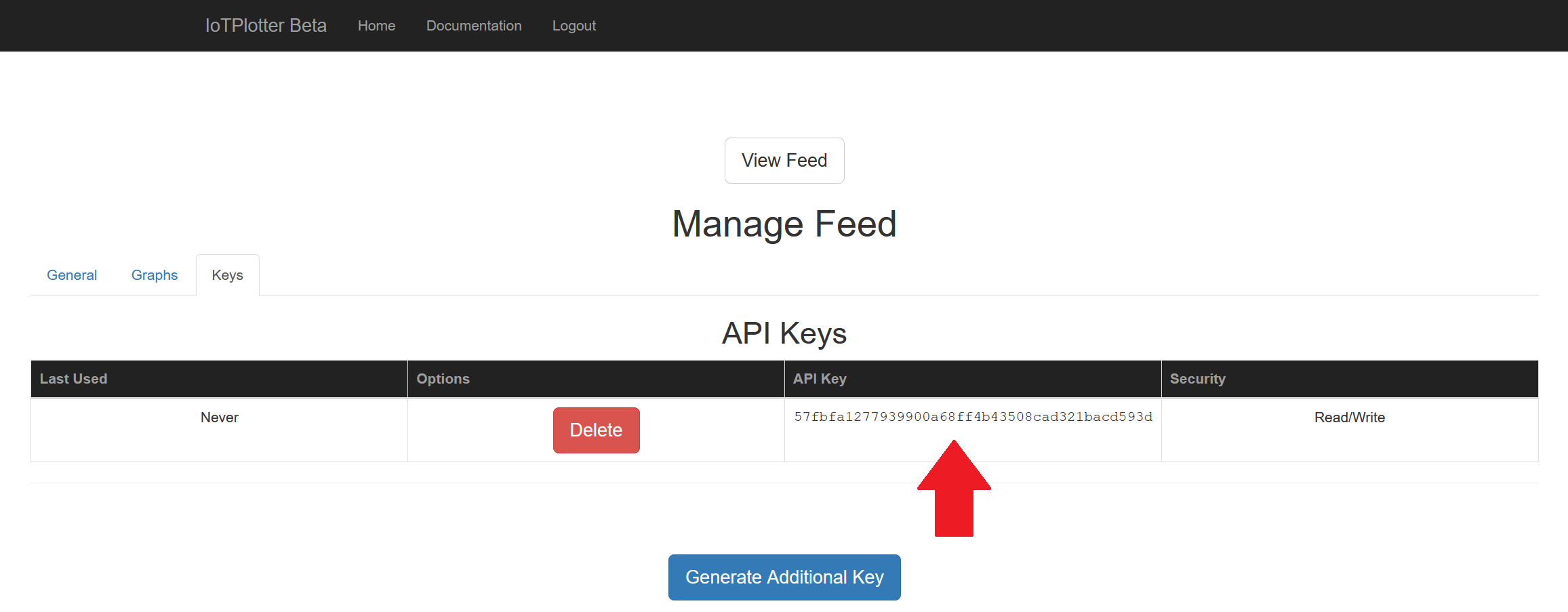 IoTPlotter keys page