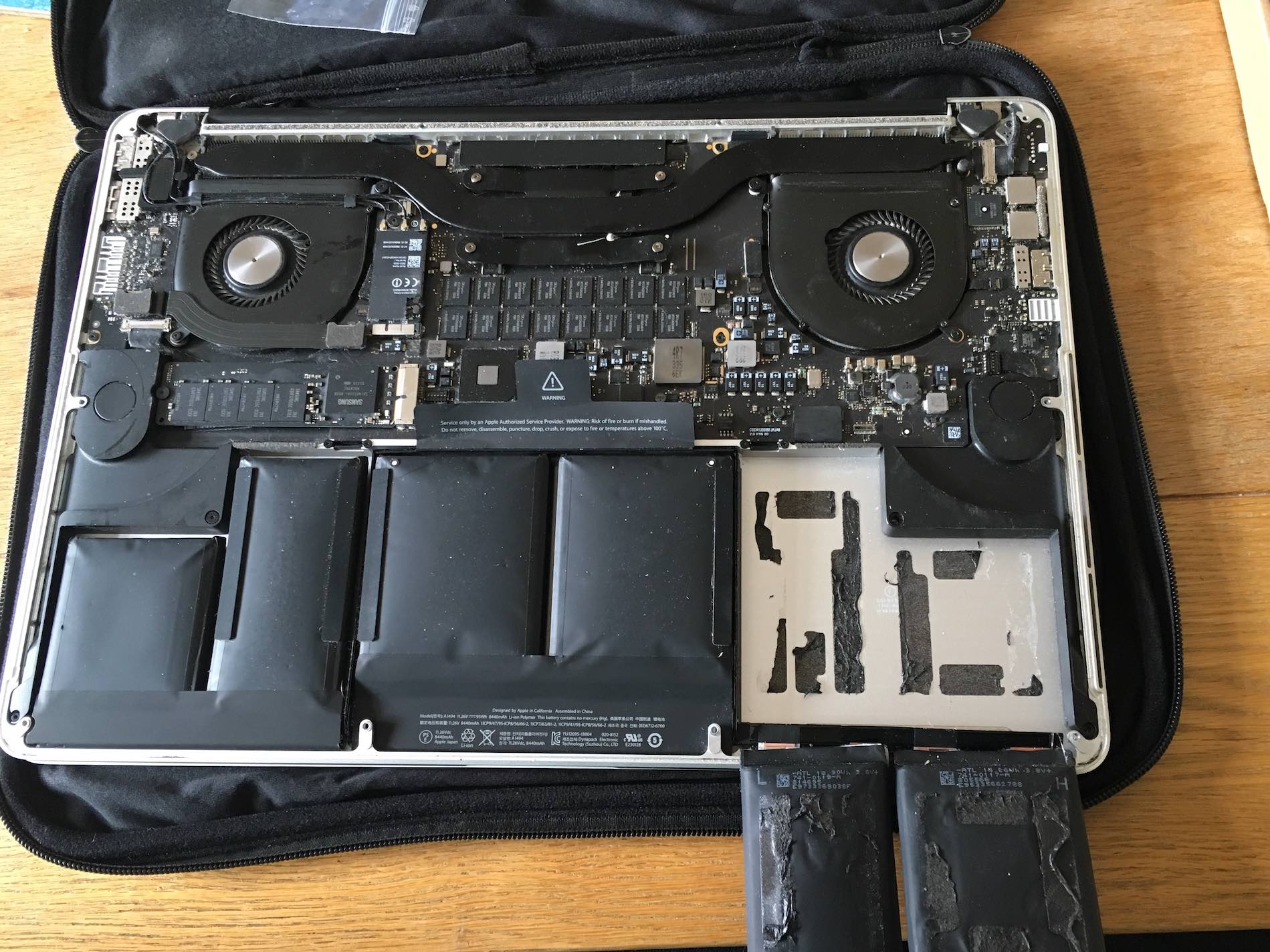 MacBook with 2 of 6 battery cells removed